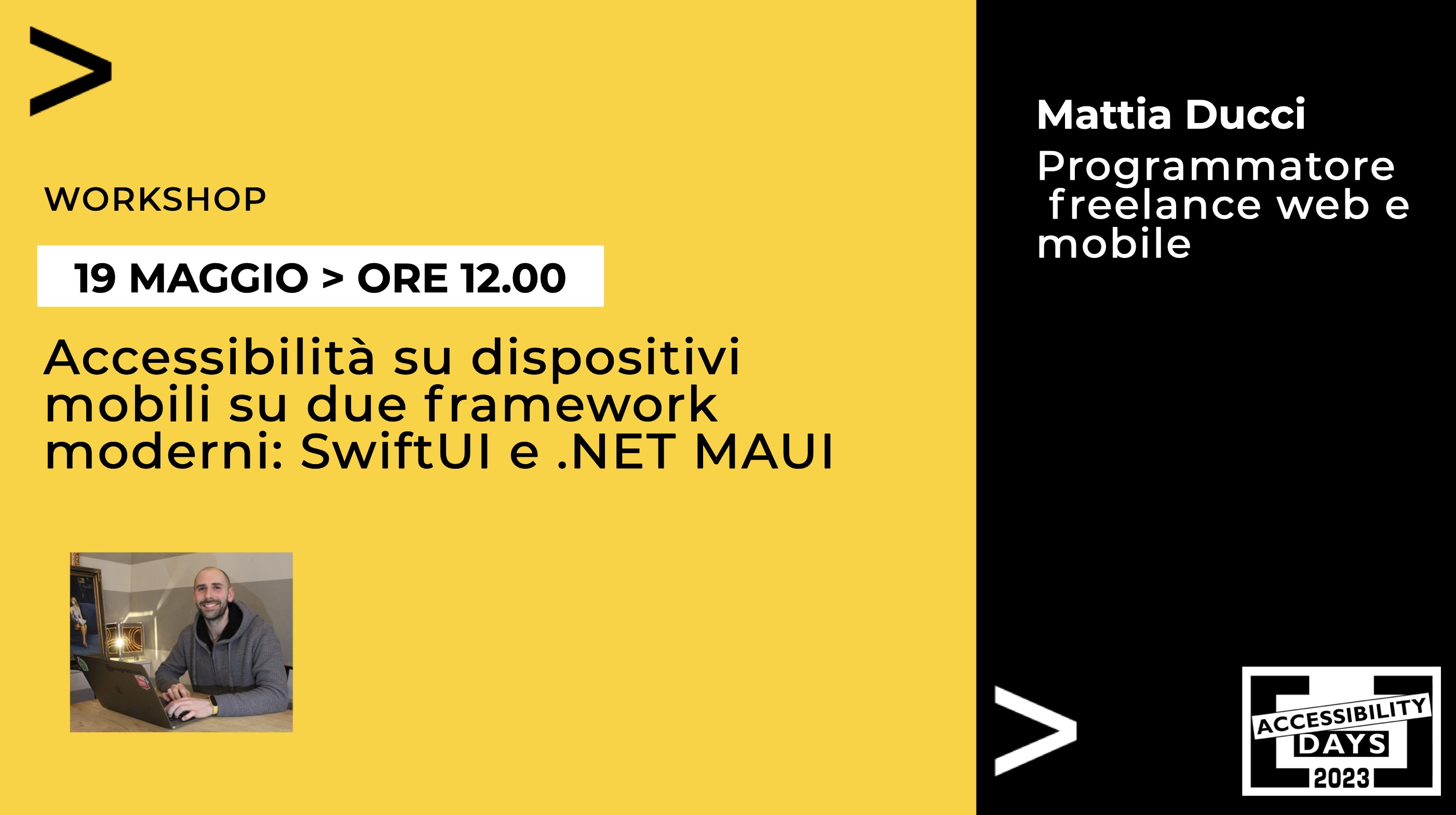 Immagine di copertina del workshop che mostra il titolo del webinar e presenta il relatore, Mattia, come sviluppatore freelance web e mobile